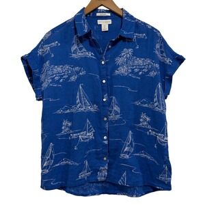 Cynthia Rowley Blue 100% Linen Nautical Sailboat Button Down Shirt Women's Small